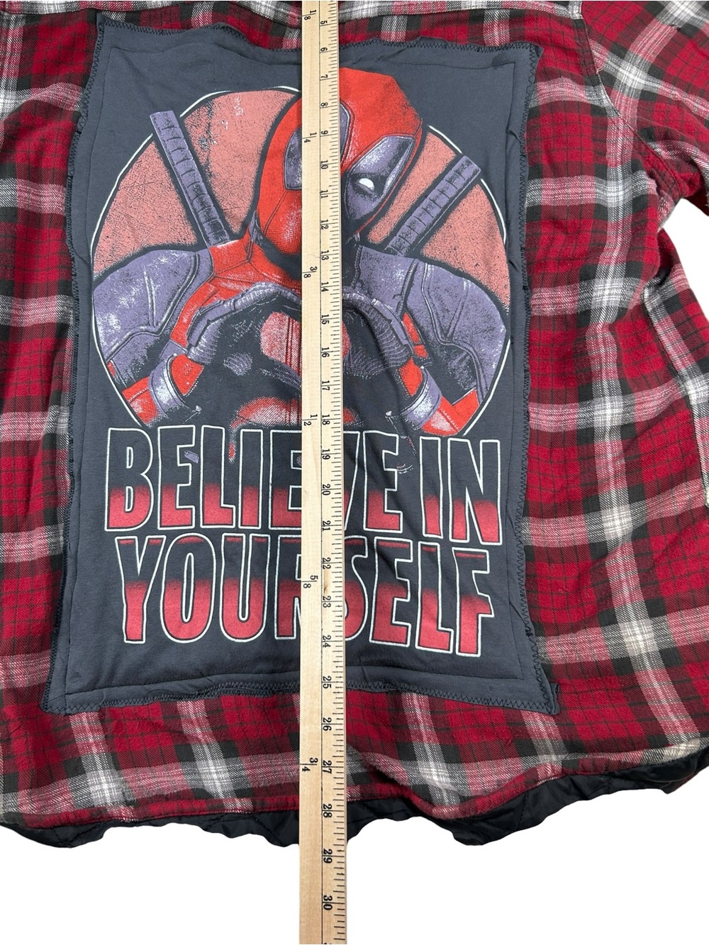 Red Plaid Flannel Jacket with Deadpool Back Patch - "Believe In Yourself" Size L - Picture 5 of 8
